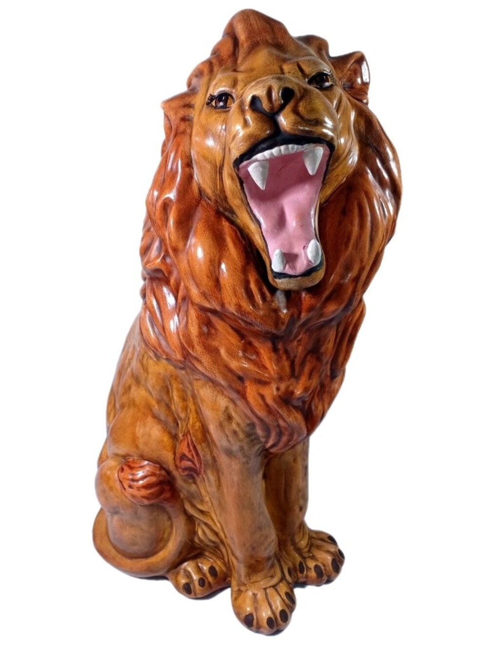 MCM 24" Roaring Lion Italian Majolica Pottery Sculpture Made Italy Hand Painted
